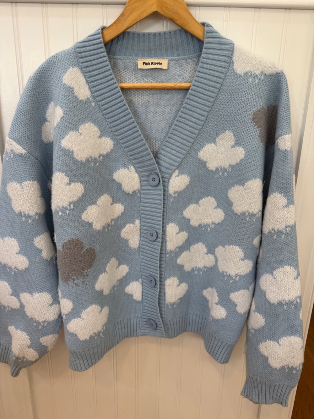 Pink Ripple Light Blue Cloud-Print Cardigan